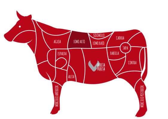Dibujo de una ternera con sus cortes y está destacado en otro color el Lomo alto o chuletón