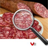 contenido nutricional salchichón ibérico. Plato de salchichón y encima una lupa con los valores nutricionales por 100g (422 calorías)