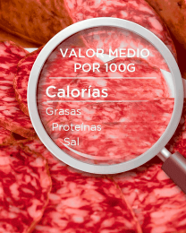 Salchichón de fondo en primer plano y delante una lupa con la composición nutricional